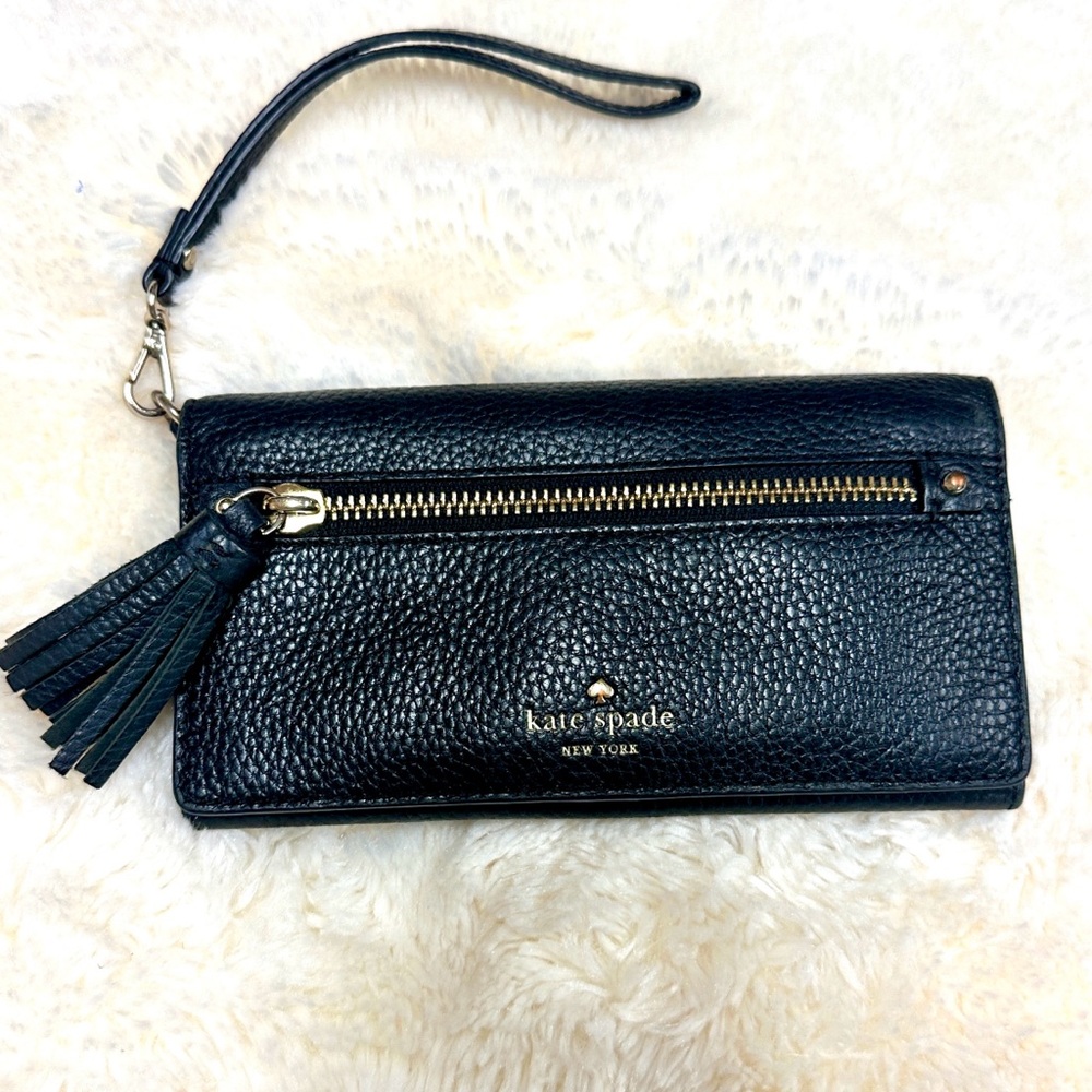 kate spade Black Pebbled Leather Tassel Wristlet